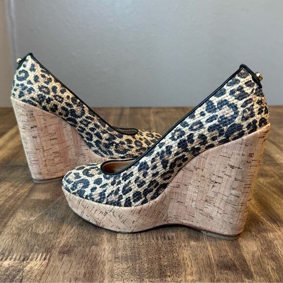 Stuart Weitzman Women’s Raffia Leopard Chetah Leather Cork Wedge Pumps Size 6 - Picture 7 of 10